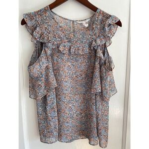 BCBGeneration Skipper Top Womens S Floral Ruffle Cold‎ Shoulder Blue Boho